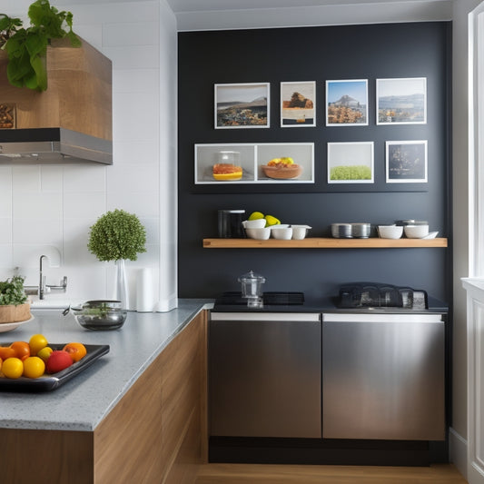 A sleek, modern kitchen with a wall-mounted tablet displaying a digital recipe, surrounded by minimalist shelves and a pull-out spice rack, with a compact, space-saving kitchen island in the background.