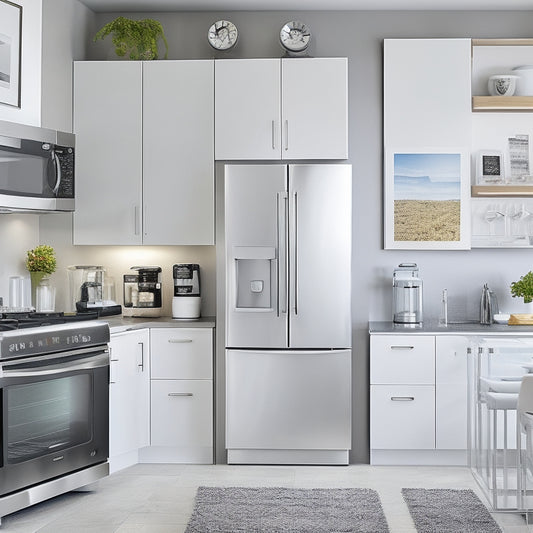 A modern kitchen with sleek, white cabinets and stainless steel appliances, featuring a large, wall-mounted tablet displaying a 3D kitchen design template, surrounded by scattered design books and coffee cups.