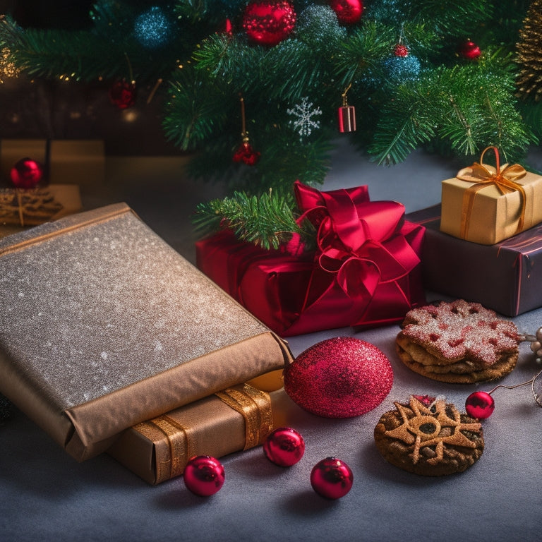 A festive holiday scene featuring a wrapped present with a glowing e-reader peeking out, surrounded by snowflakes, holly leaves, and a few scattered Christmas cookies.