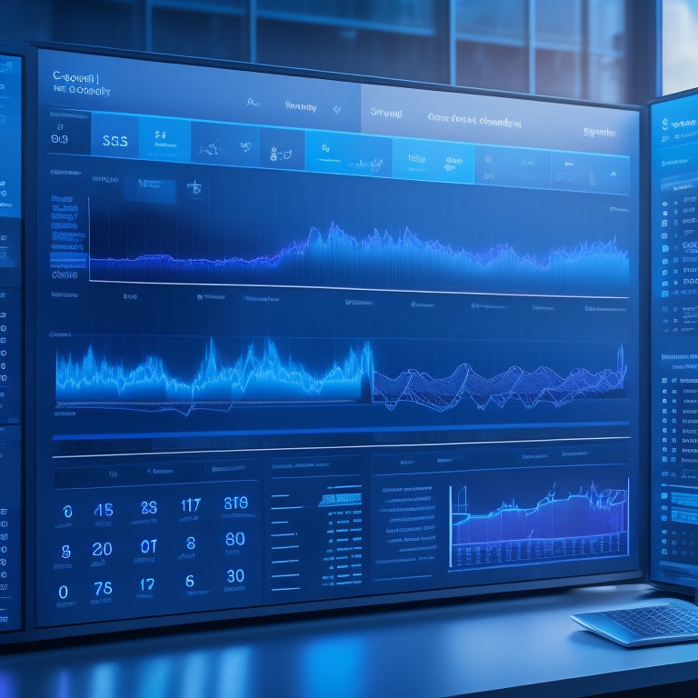 A futuristic dashboard with a large screen displaying a Google Sheets interface, surrounded by rising graphs, charts, and upward arrows, set against a dark blue background with subtle grid patterns.