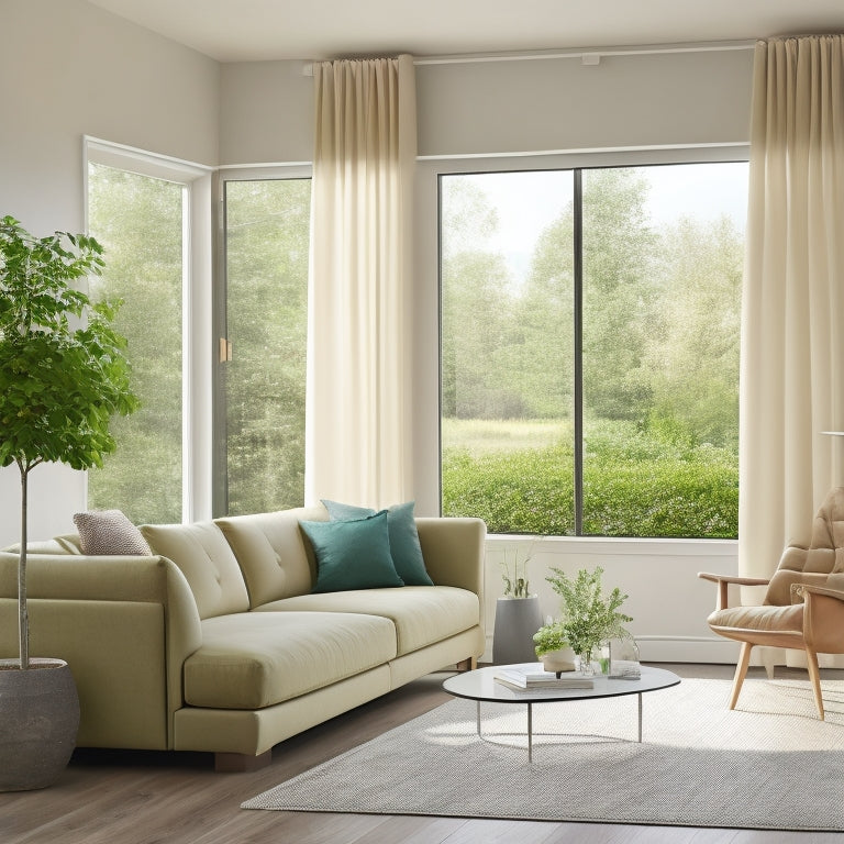 A bright, modern living room with a neutral-colored sofa, minimal decorations, and a large window with open curtains, showcasing a lush green backyard and a "Sold" sign in the distance.