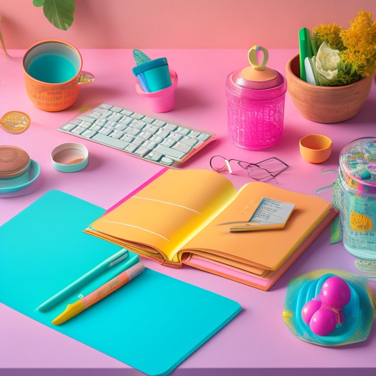 A whimsical, pastel-colored illustration of a desk with a laptop, surrounded by colorful pens, stickers, and a partially open planner, amidst a subtle background of recipe cards and kitchen utensils.