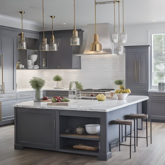 A modern kitchen with quartz countertops, a large island with a built-in cooktop, and a stunning pendant light fixture, alongside a contrasting area with laminate countertops and a DIY shelving unit.