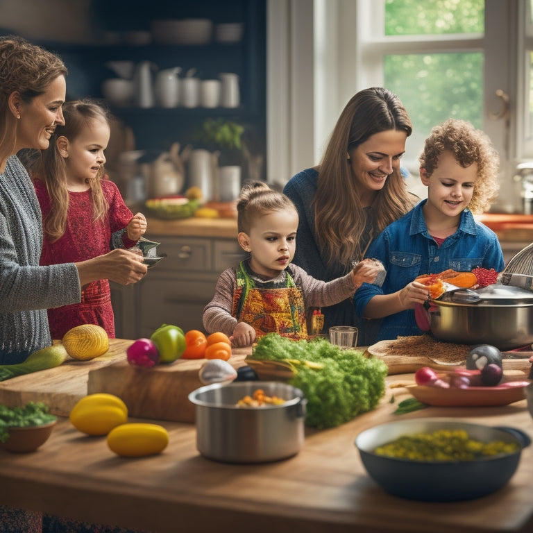 A warm and inviting kitchen scene with a mother and two children cooking together, surrounded by colorful ingredients and utensils, with a steaming hot meal on the table in the background.