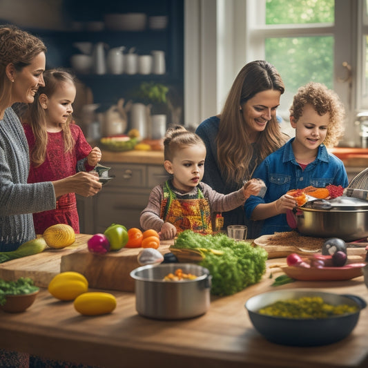 A warm and inviting kitchen scene with a mother and two children cooking together, surrounded by colorful ingredients and utensils, with a steaming hot meal on the table in the background.