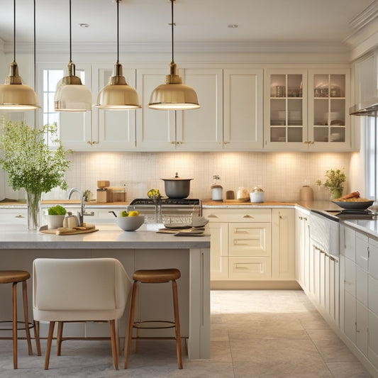 A modern kitchen with cream-colored cabinets, a large island with built-in drawers, and a wall-mounted pot rack above a cooktop, surrounded by subtle pendant lighting.