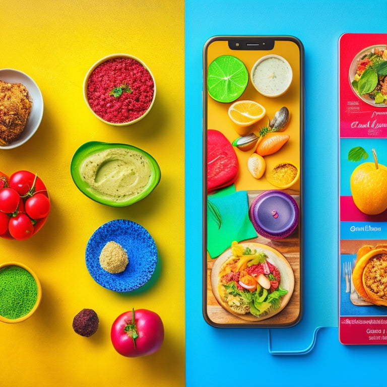 A colorful illustration of a smartphone screen displaying a split-screen comparison of popular meal planning apps, surrounded by utensils, ingredients, and a faint kitchen background.