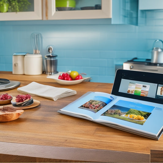 A modern kitchen countertop with a smartphone and a tablet, surrounded by open cookbooks, scattered recipe cards, and a few utensils, with a blurred background of kitchen appliances.