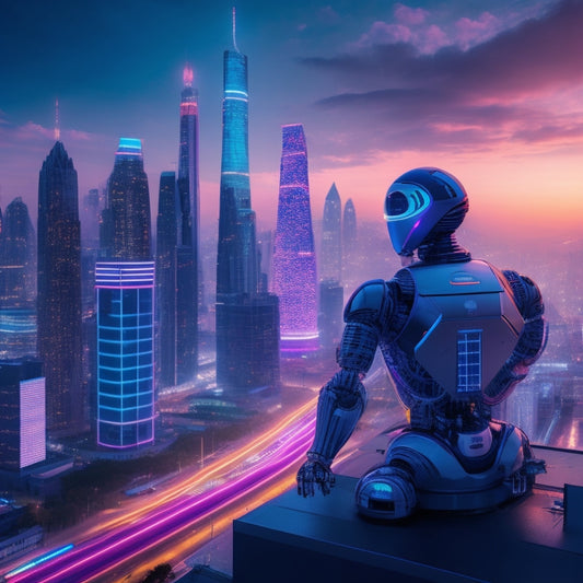 A futuristic, neon-lit cityscape at dusk with sleek skyscrapers, bustling streets, and holographic advertisements, featuring a prominent, glowing robot standing atop a building, surrounded by swirling social media icons.