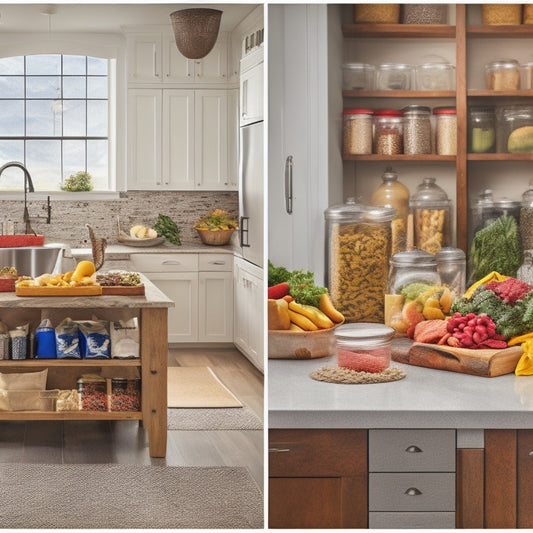 A split-screen image: a cluttered kitchen counter with overflowing grocery bags and a chaotic meal prep area on one side, and a tidy kitchen with a few intentional ingredients and a planned meal on the other.