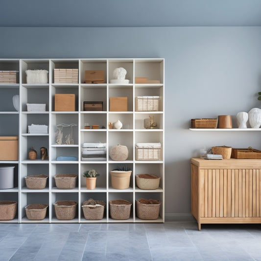 A minimalist, modern room with a sleek, floor-to-ceiling shelving unit, showcasing neatly stored baskets, bins, and boxes in various shapes, sizes, and colors, amidst a calming, light-gray backdrop.