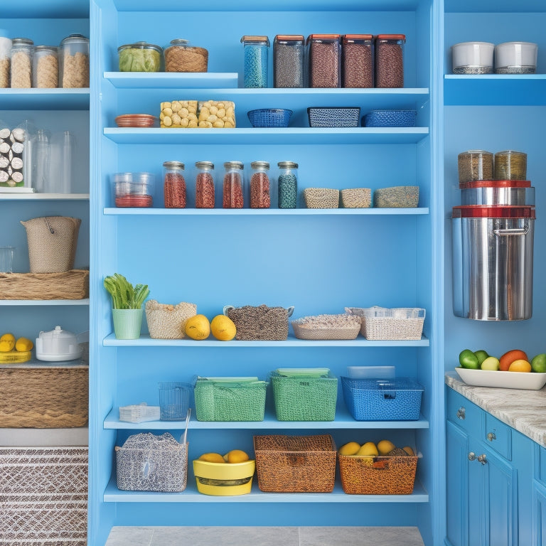 A bright, modern pantry with adjustable shelves, baskets, and containers in various sizes, showcasing a categorized and colorful arrangement of food items, cookbooks, and utensils.