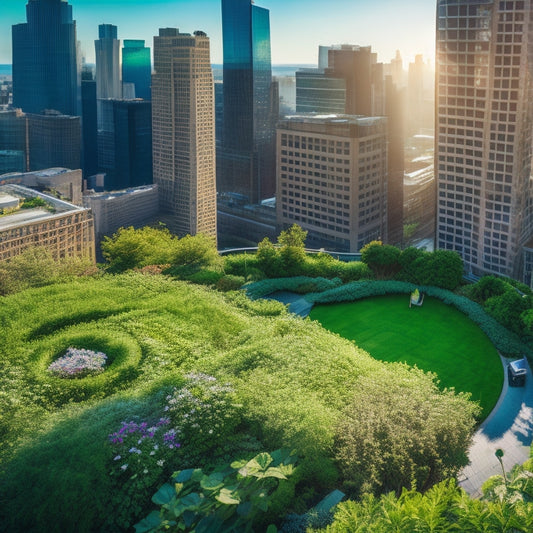 An aerial view of a verdant, curved rooftop garden with lush greenery and blooming flowers, surrounded by sleek, modern skyscrapers and a bright blue sky with fluffy white clouds.