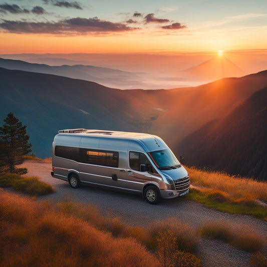 A sleek, silver Leisure Travel Van parked on a scenic mountain overlook, with a misty valley below, surrounded by lush greenery, and a warm sunset glow radiating from the background.