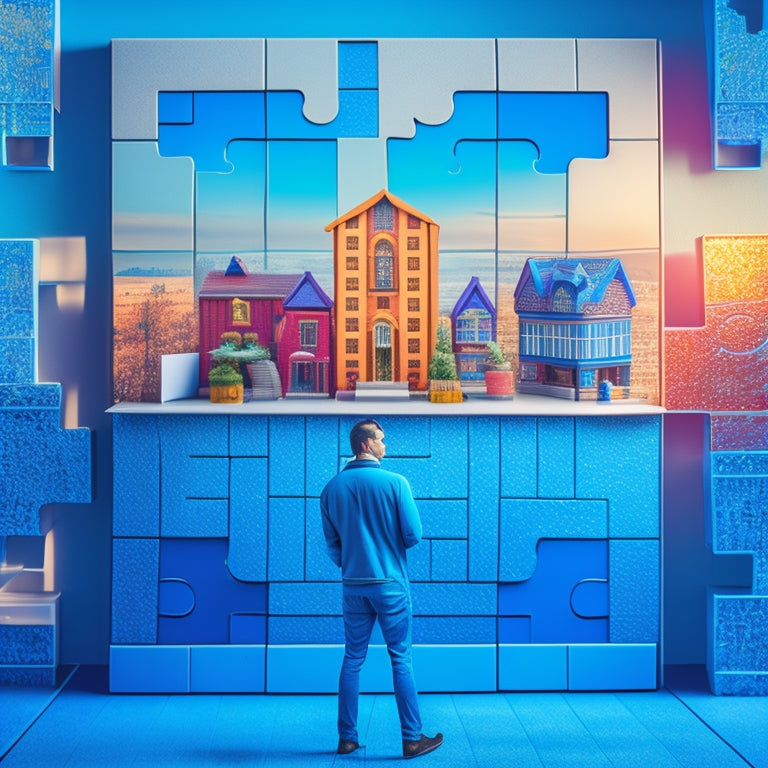 A stylized illustration of a person standing in front of a blueprint-covered wall, holding a miniature house, surrounded by scattered puzzle pieces, with a subtle cityscape in the background.