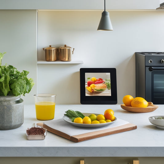 A minimalist kitchen counter with a sleek tablet displaying a vibrant, high-contrast digital recipe, surrounded by scattered cookbooks, utensils, and a few fresh ingredients, bathed in warm, soft light.