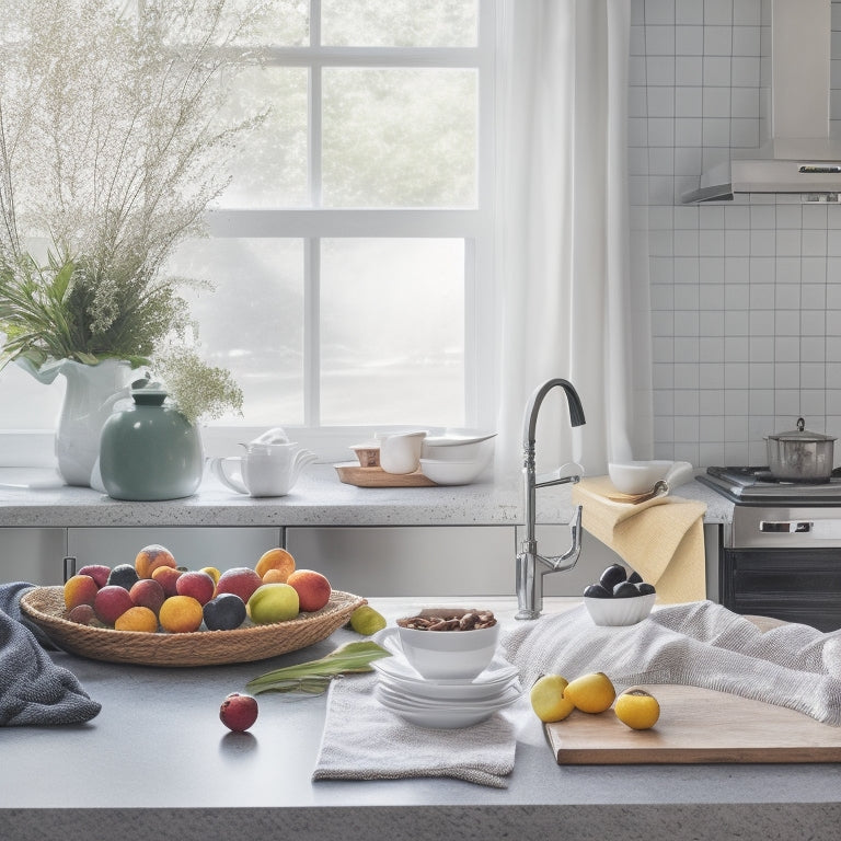 A bright and airy kitchen with a clean countertop, a few neatly arranged cookbooks, and a small chalkboard with a faint grid outline, surrounded by a few ripe fruits and a steaming cup of coffee.