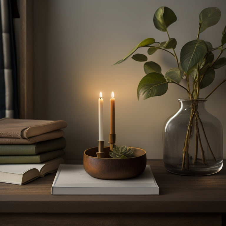 A serene, minimalist room with a few, carefully-placed objects: a small, blooming plant, a candle, and a single, leather-bound book on a simple, wooden shelf.