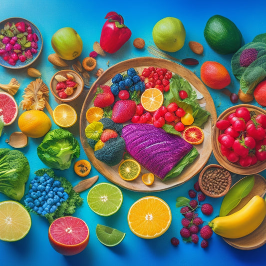 A vibrant and colorful illustration of a kitchen counter with a variety of whole foods, including fresh fruits, leafy greens, whole grains, and lean proteins, arranged in a harmonious and inviting way.