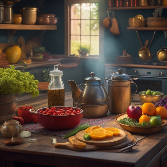 A warm, inviting kitchen scene: a wooden table cluttered with fresh produce, a steaming pot on the stovetop, and a few coins scattered amidst recipe books and a budget planner.