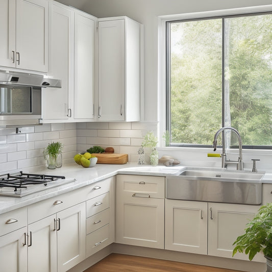 A bright, modern small kitchen with crisp white cabinets, stainless steel appliances, and a sleek quartz countertop, flooded with natural light from a large window above the sink.