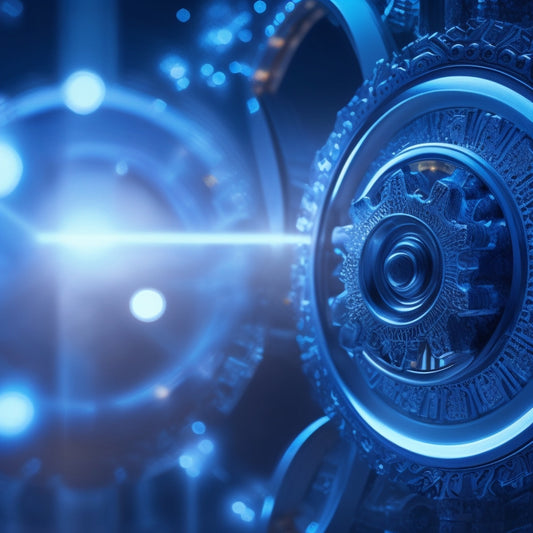 A futuristic, minimalist background with interconnected gears, cogs, and puzzle pieces in shades of blue and silver, forming a seamless, harmonious whole, surrounded by subtle, glowing light trails.