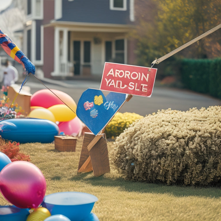 A colorful illustration of a person holding a vibrant, boldly-arrowed yard sale sign, surrounded by eye-catching balloons, and a few strategically-placed directional signs in the background.