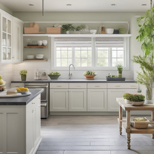 A serene, well-organized kitchen with sleek, empty countertops, a few strategically placed appliances, a utensil organizer on the wall, and a few fresh herbs on a small, tidy island.