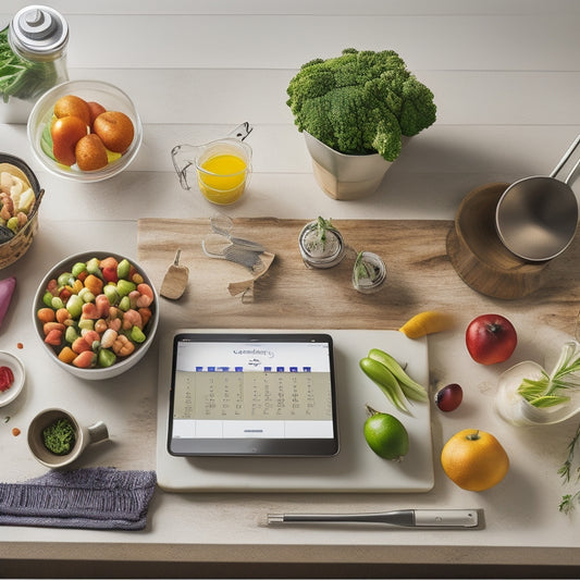 A clutter-free kitchen counter with a tablet displaying a digital calendar, a smartphone with a grocery list app, and a wireless earbud nearby, surrounded by neatly arranged kitchen utensils and a few fresh vegetables.