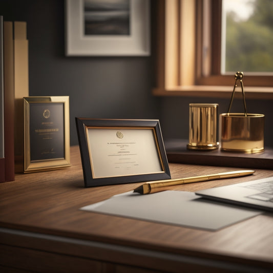 A minimalist desk setup with a wooden certificate frame, a golden pen, and a small stack of papers, surrounded by subtle hints of academic and professional elements in the background.