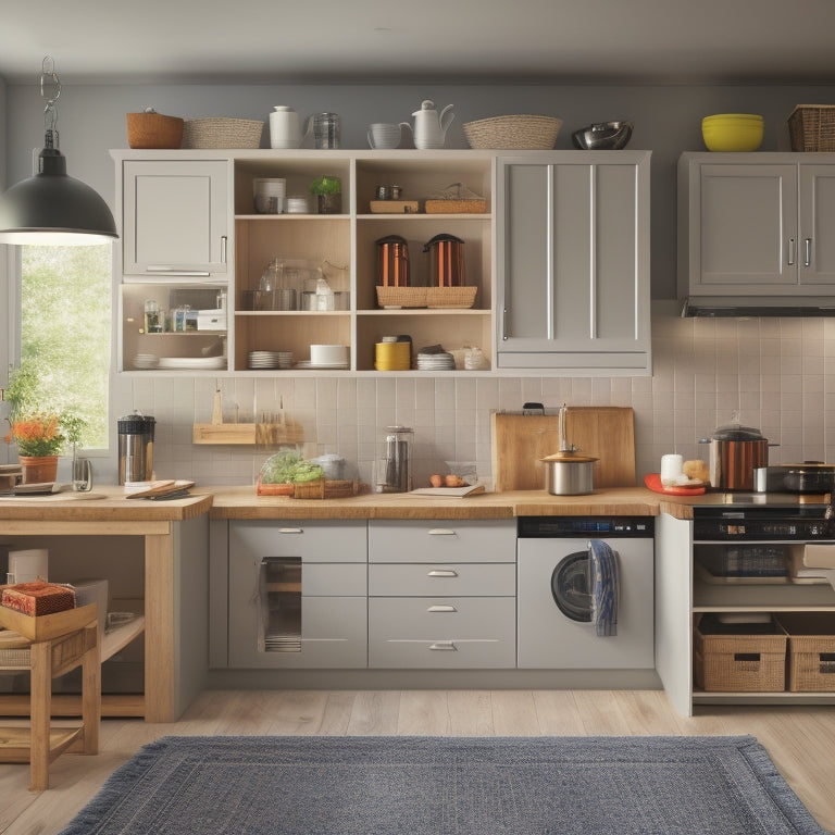 A tidy kitchen with modular storage units, adjustable shelves, and baskets in various sizes, surrounded by measuring tapes, rulers, and a tablet with a design software open on its screen.