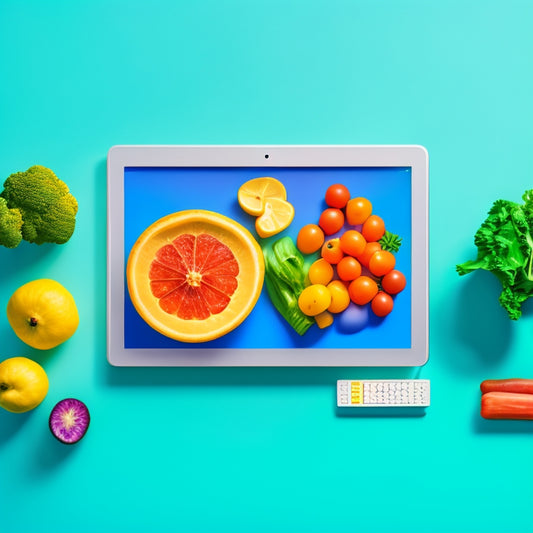 A colorful, minimalist illustration of a laptop with a delicious, low-carb meal on the screen, surrounded by fresh vegetables, a fitness tracker, and a few healthy snacks.