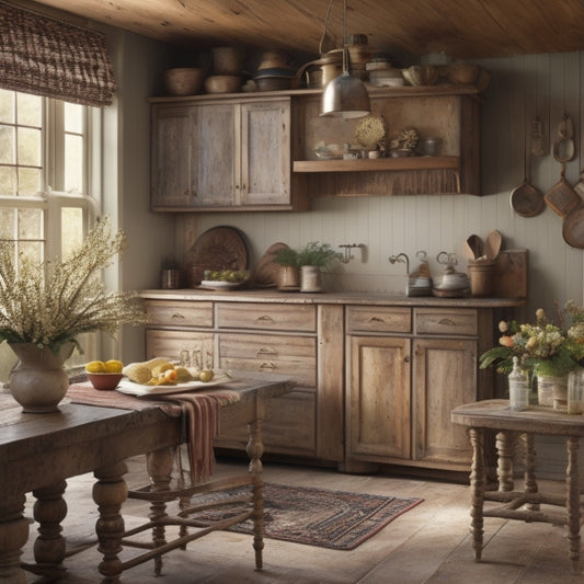 A warm, softly lit kitchen with distressed wood cabinets, vintage metal signs, and porcelain ceramics, featuring a large wooden island with ornate metal legs and a few strategically placed flowers.