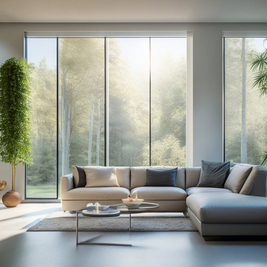 A modern, sleek, and minimalist living room with a large window, a comfortable couch, and a subtle, futuristic climate control panel on the wall, surrounded by lush greenery and soft, warm lighting.