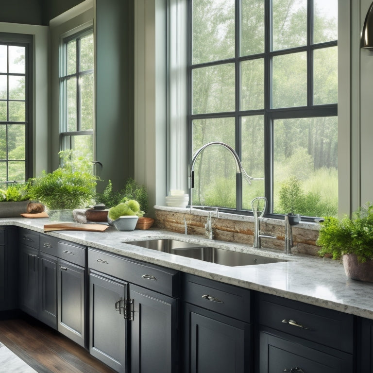 A sleek, modern kitchen with a large, stainless steel sink featuring a farmhouse-style apron front, set beneath a window with lush greenery, surrounded by polished chrome fixtures and rich, dark wood cabinetry.