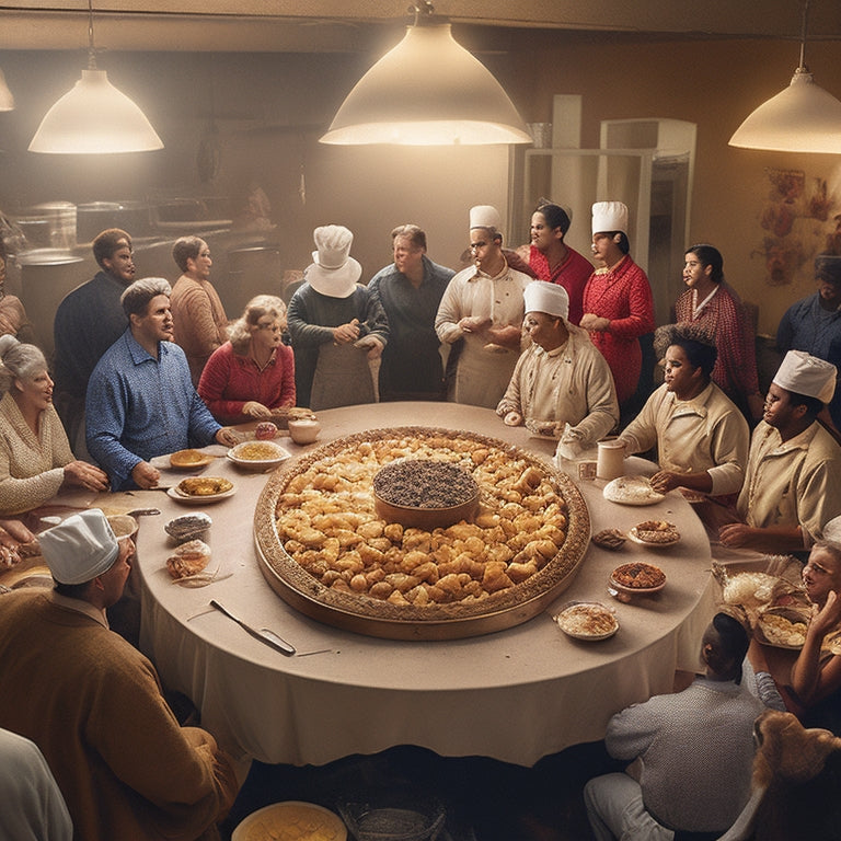 A warm, golden-lit illustration of a bustling kitchen, with diverse food service workers of various ages and abilities gathered around a large, circular table, forming a supportive circle.