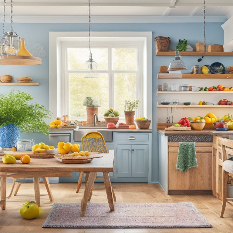 A bright and airy kitchen with a large wooden table in the center, surrounded by vibrant fruits, vegetables, and whole grains, with a few laptops and colorful pens scattered around, and a large calendar on the wall.