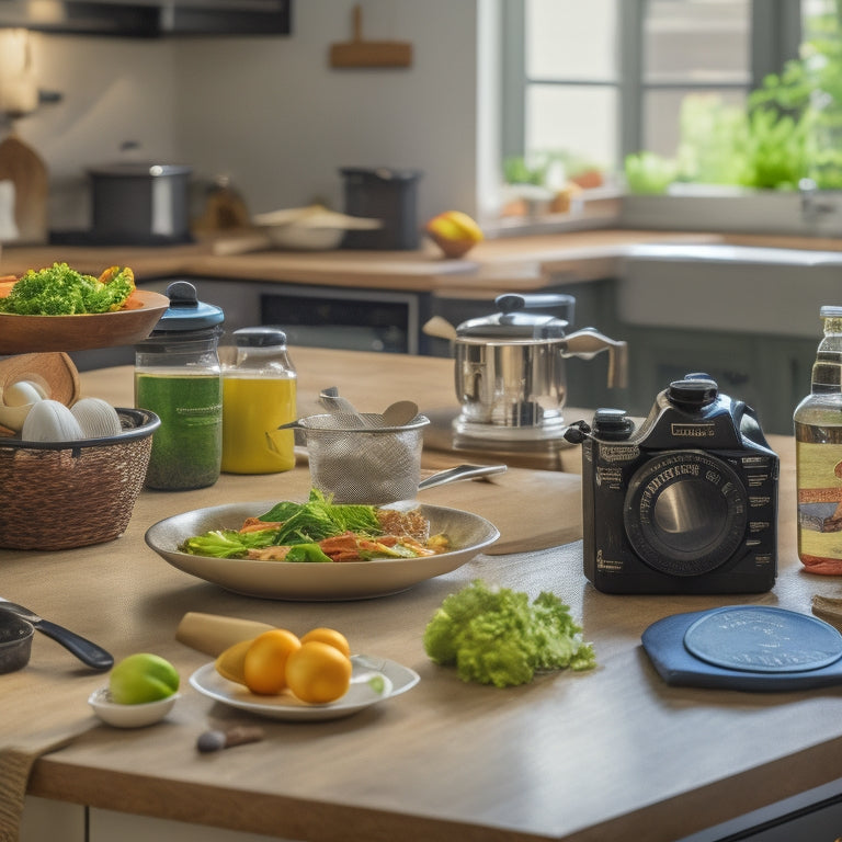 A cluttered kitchen counter with a laptop open to a cooking course website, surrounded by unwashed dishes, utensils, and expired ingredients, with a clock ticking in the background.