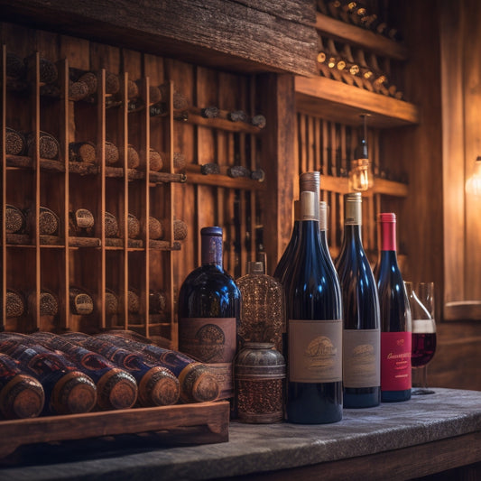 A beautifully styled wine cellar with rustic wooden wine racks, soft warm lighting, and a few bottles of wine on display, with a subtle hint of DIY assembly tools in the background.