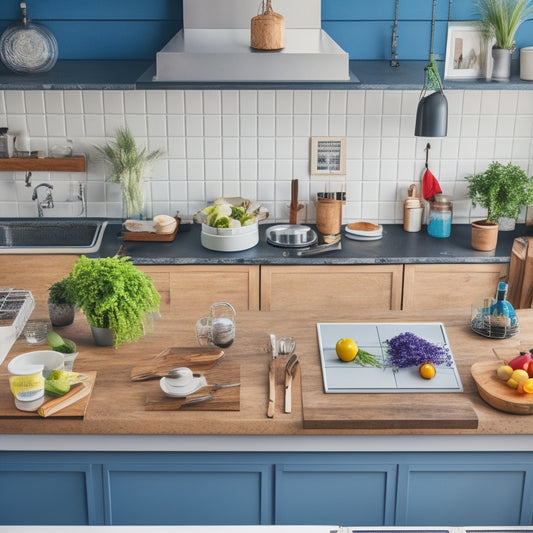 A bright, modern kitchen with a large island in the center, surrounded by utensils and ingredients, with a laptop open to a template on the counter, and a few printed templates pinned on a corkboard above.