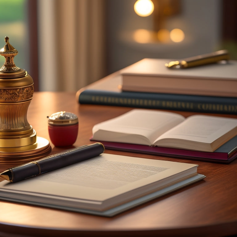 A serene, minimalist desk with a few neatly stacked papers, a single pen standing upright in a holder, and a small, ornate key lying on top of a closed, leather-bound planner.