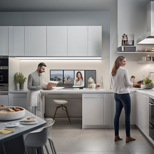 A modern kitchen with sleek, white cabinets and dark countertops, surrounded by laptops and papers, with a designer sitting in front of a large, curved screen displaying a 3D kitchen design.