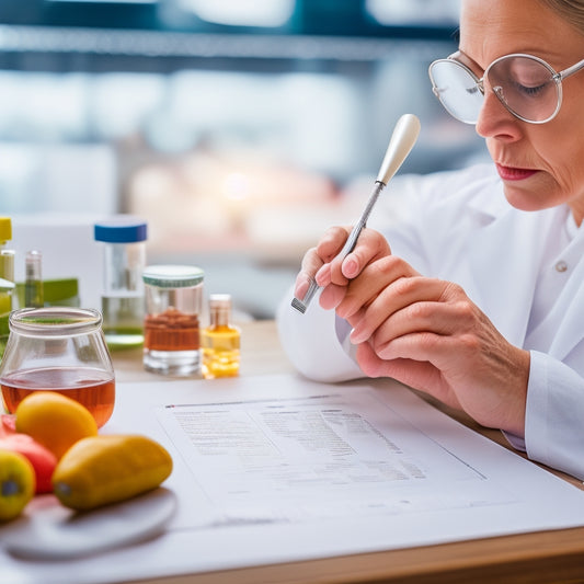 A close-up of a person in a lab coat, surrounded by various consumer products, holding a clipboard and magnifying glass, with a subtle background of charts and graphs.