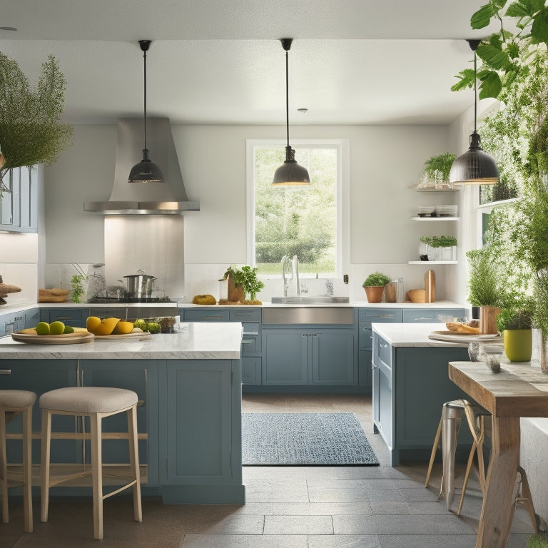 A bright, modern kitchen with sleek IKEA cabinets, a sprawling island, and a stainless steel sink, lit by warm pendant lamps, with a few strategically-placed cooking utensils and a vase with fresh greenery.