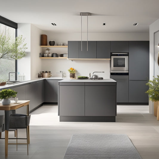 A sleek, modern kitchen with a small footprint, featuring a wall-mounted fold-down table, retractable ceiling shelves, and a compact island with built-in storage and a sink.