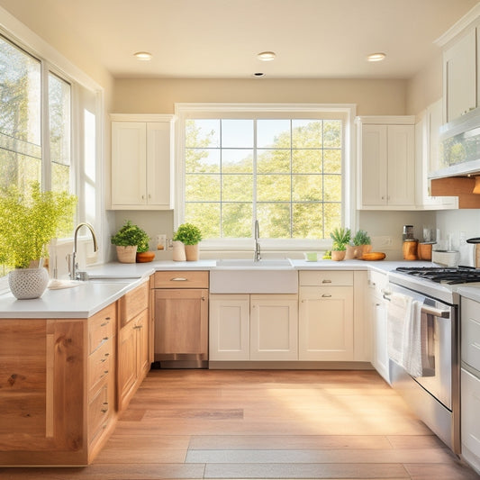 A bright, airy kitchen with cream-colored cabinets, warm wooden floors, and sleek stainless steel appliances, surrounded by natural light pouring in through large windows.