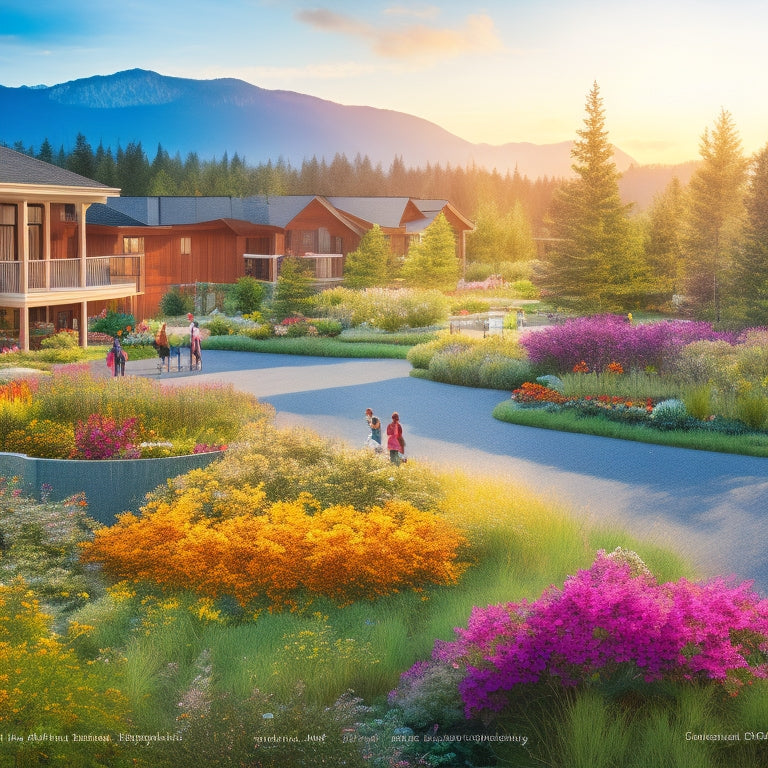 An illustration of a thriving Helena community, featuring the Red Alder Residences in the foreground, surrounded by lush greenery, vibrant flowers, and diverse community members engaging in outdoor activities.