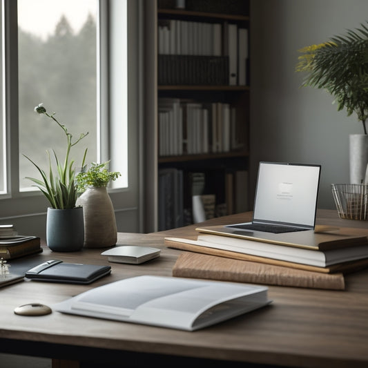 A serene, minimalist desk with a laptop, a tablet, and an e-reader, surrounded by neat stacks of virtual bookshelves, with a subtle hint of a calm, nature-inspired background.