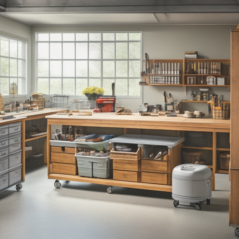 A clutter-free workshop with a sleek, silver flip top cart in the center, tools and materials neatly organized on its shelves and in drawers, with a subtle hint of natural light.