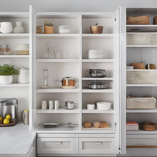 A modern kitchen cabinet with sleek, white doors, opened to reveal a set of three DIY sliding shelves in various sizes, made of rustic wood and metal frames, with cookbooks and kitchenware neatly organized.